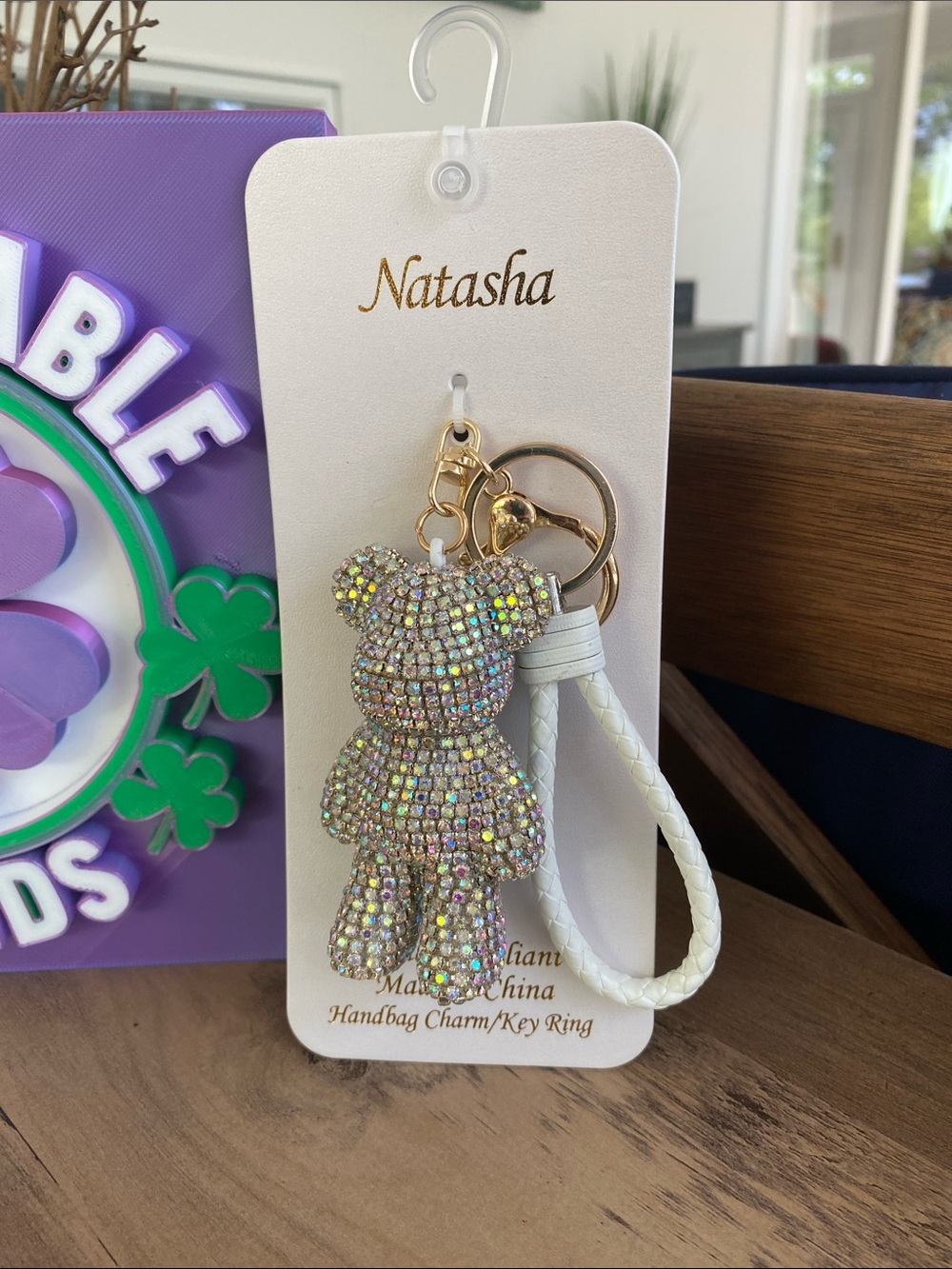 Natasha Couture Crystal Teddy Bear Keychain with White Strap
